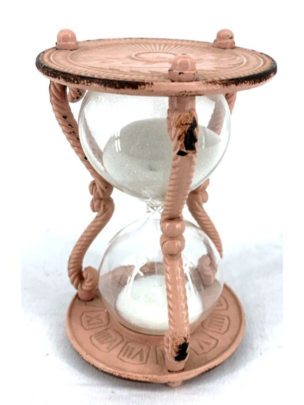 Anthropologie Sand Hourglass Metal Painted Pink Embossed Rising Sun Motif 4.5"